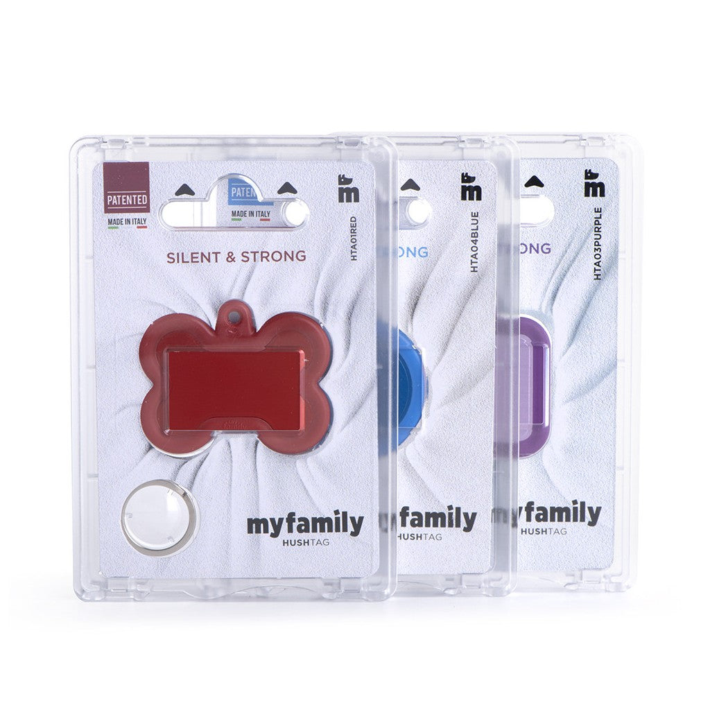 MyFamily Hushtag blue round circle aluminum and rubber silent pet ID tag