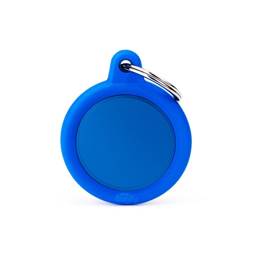 MyFamily Hushtag blue round circle aluminum and rubber silent pet ID tag