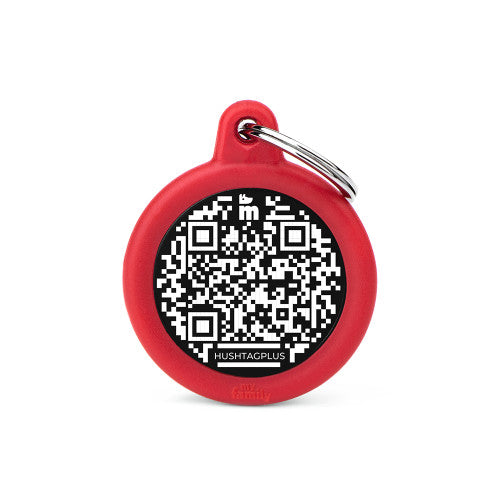 MyFamily Hushtag Plus red and black round circle QR code aluminum rubber silent pet ID tag