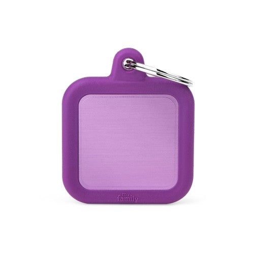 MyFamily Hushtag purple square aluminum and rubber silent pet ID tag