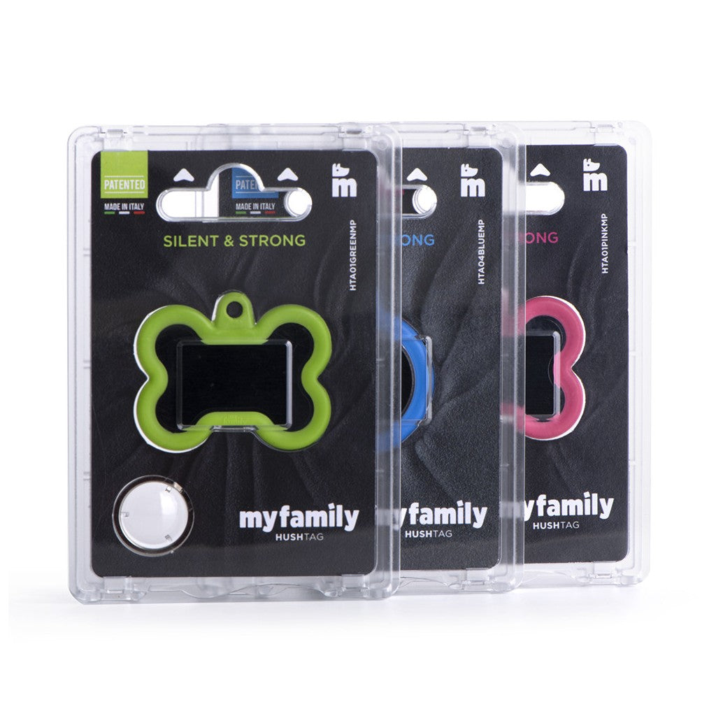 MyFamily Hushtag XL black aluminum and green rubber bone-shaped silent pet ID tag