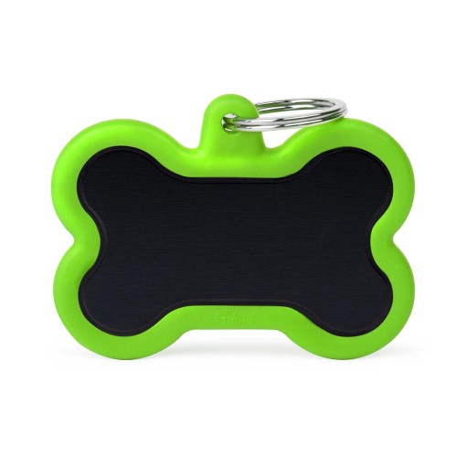MyFamily Hushtag XL black aluminum and green rubber bone-shaped silent pet ID tag