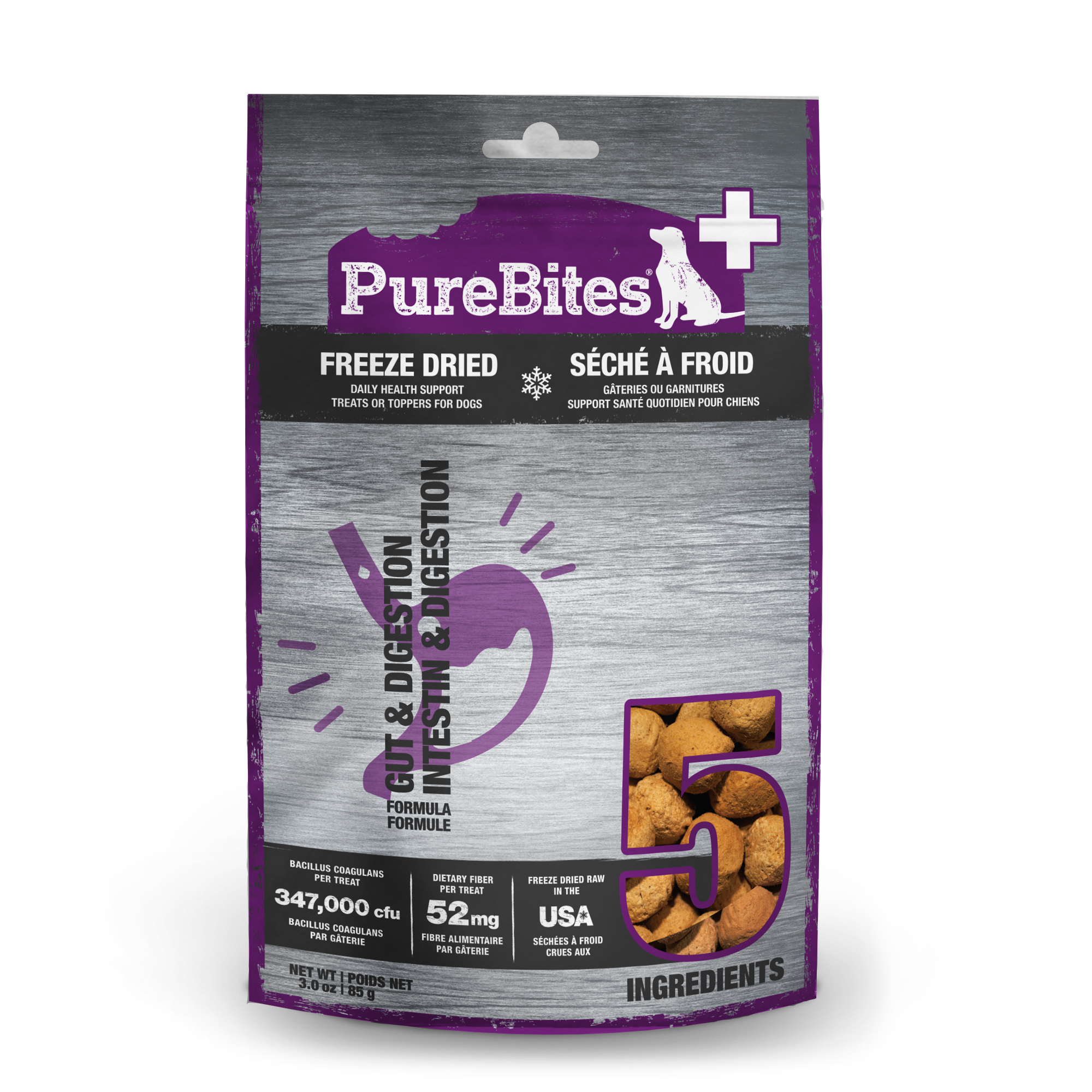 PureBites Plus freeze-dried gut and digestion functional dog treats 85g bag