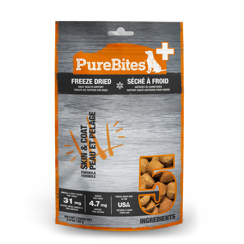 PureBites Plus freeze-dried skin and coat functional dog treats 85g bag