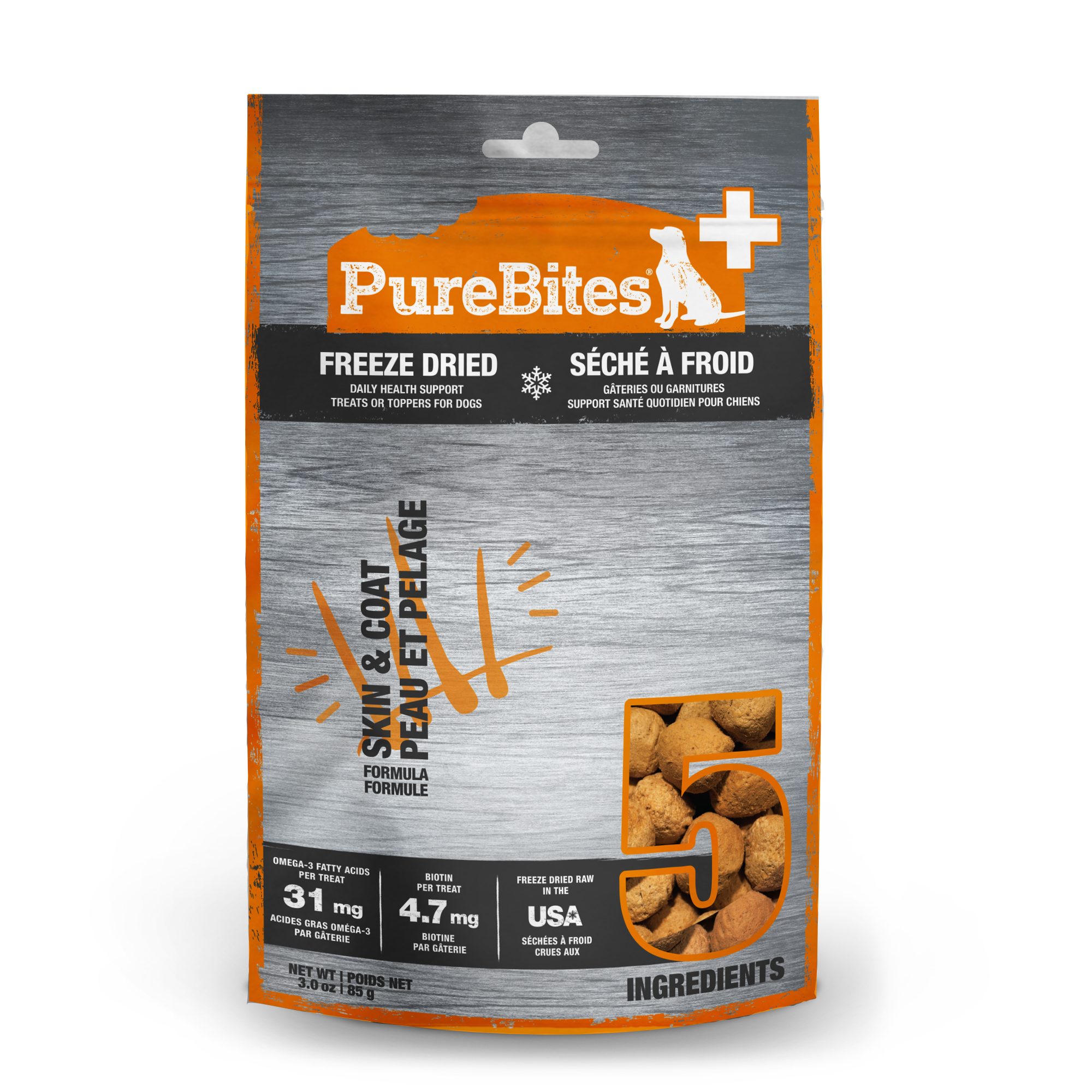 PureBites Plus freeze-dried skin and coat functional dog treats 85g bag