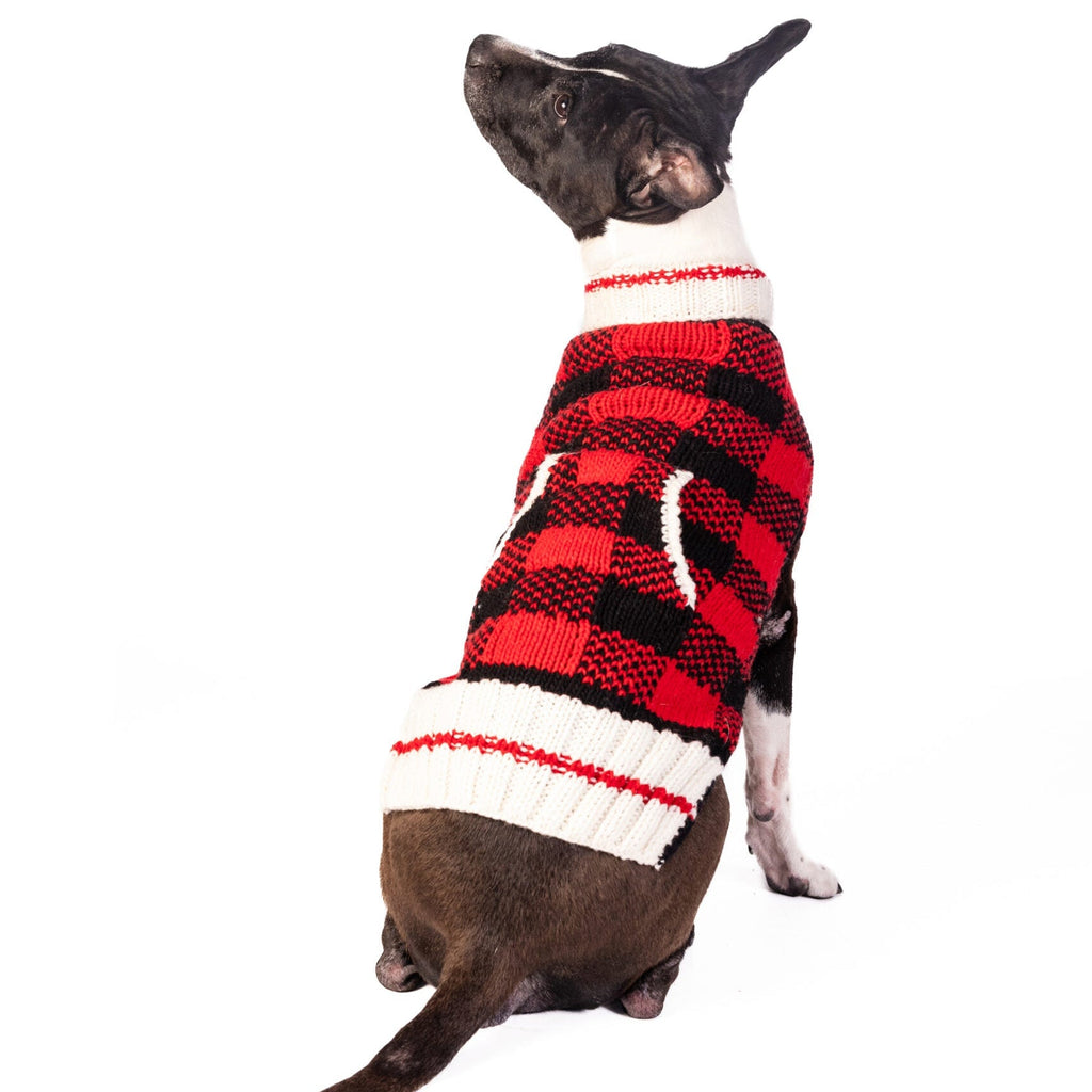 Chilly Dog Classic Buffalo Plaid red and black hand-knit wool dog sweater, XXX-Large