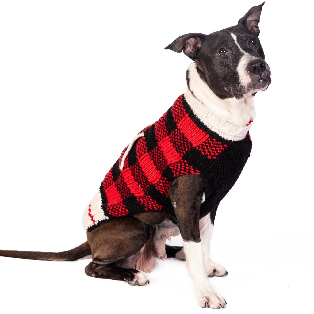 Chilly Dog Classic Buffalo Plaid red and black hand-knit wool dog sweater, XX-Small