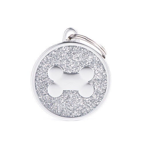 MyFamily Grey Glitter Satin Bone ID Tag, large, hand-enamelled grey glitter finish