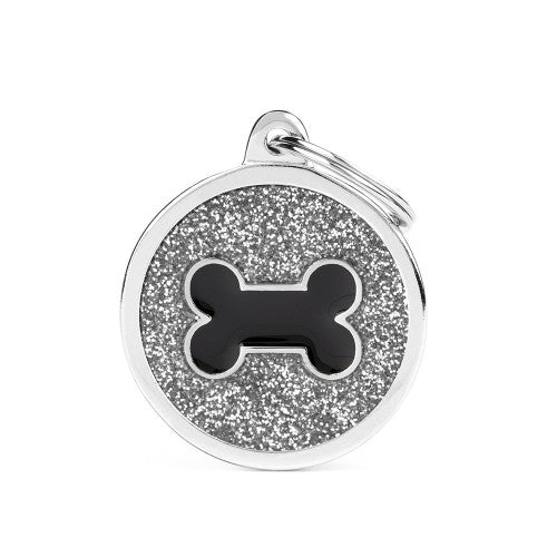 MyFamily Large Grey Glitter Circle Bone ID Tag hand-enamelled Shine collection