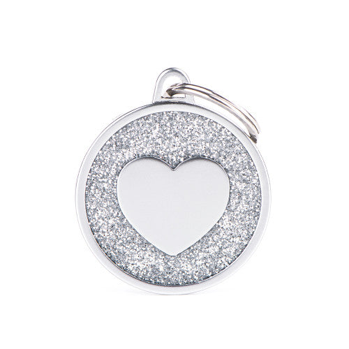 MyFamily Grey Glitter Satin Circle Heart ID Tag hand-enamelled Shine Satin collection