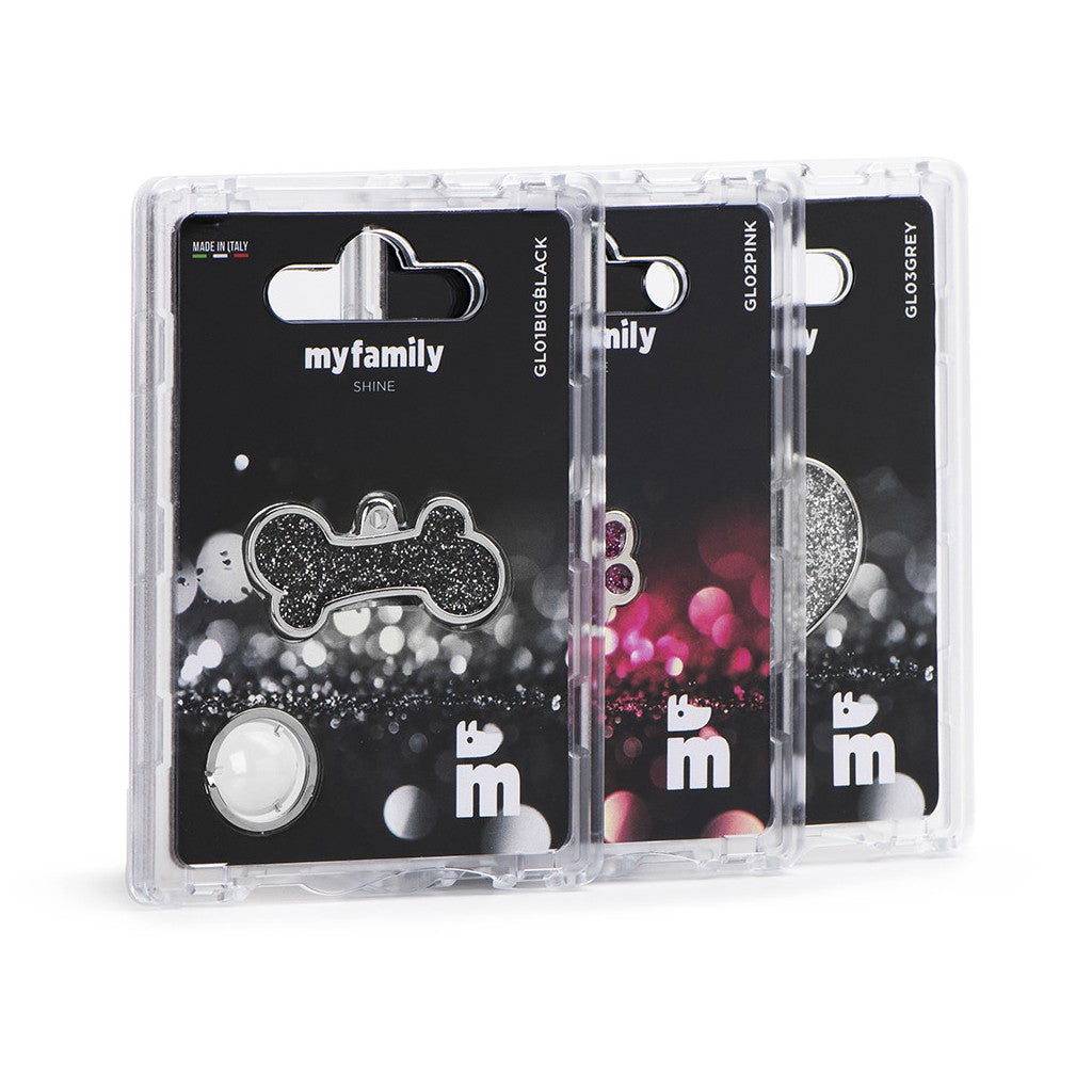 MyFamily Small Black Glitter Pawprint ID Tag hand-enamelled Shine collection
