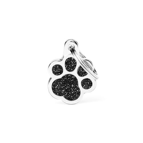 MyFamily Small Black Glitter Pawprint ID Tag hand-enamelled Shine collection