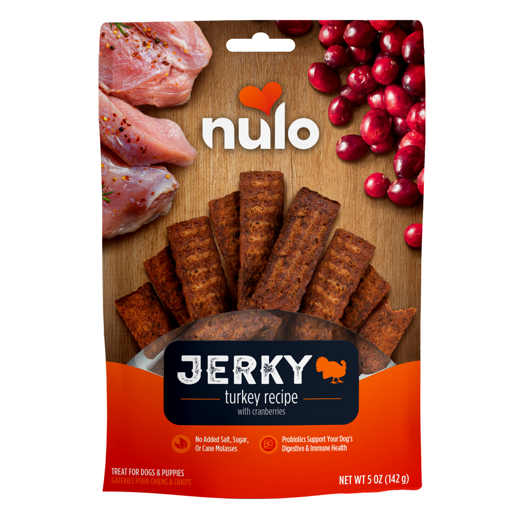 Nulo FreeStyle turkey jerky strips with cranberry dog treats 5 oz bag