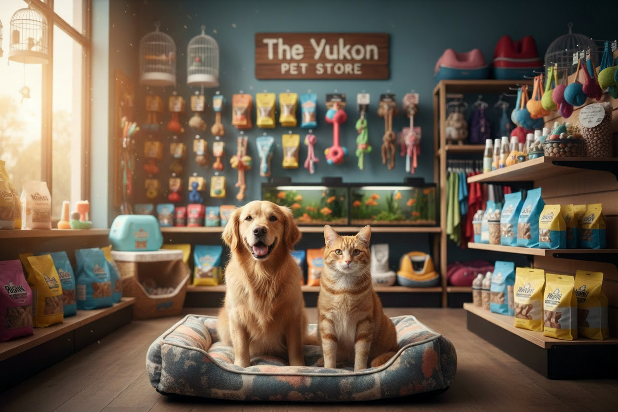 Golden retriever and orange tabby cat sitting together on a pet bed inside The Yukon Pet Store, surrounded by shelves of pet food, toys, and supplies